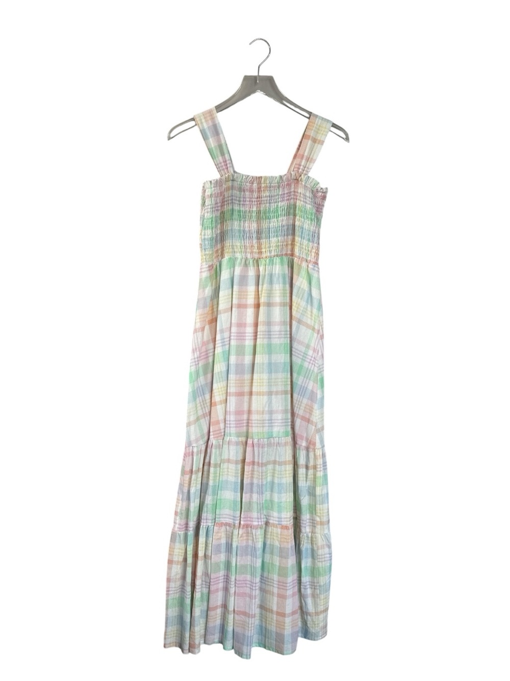 Kathleen Maeve Pastel Plaid Smocked Linen Blend Maxi Dress Size M